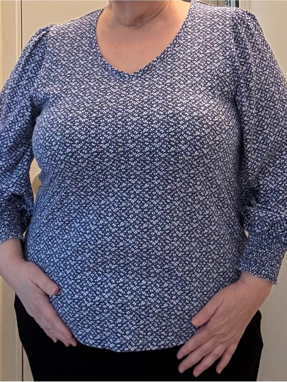 Chico's Navy and White Printed V-Neck Blouse
